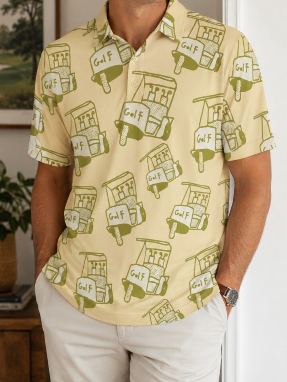 Sosik Men's Size M Performance Golf Polo Shirt Yellow Golf Cart Print Novelty